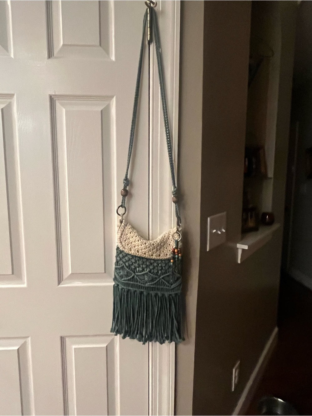 The Sak Macramé Fringe Shoulder Bag in Teal and Cream - Picture 3 of 5
